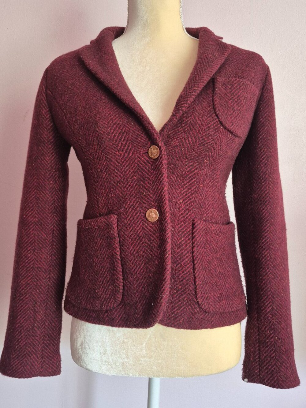 Vintage Anthropologie Cartonnier Burgundy Red Herringbone Fox Buttons Blazer 4